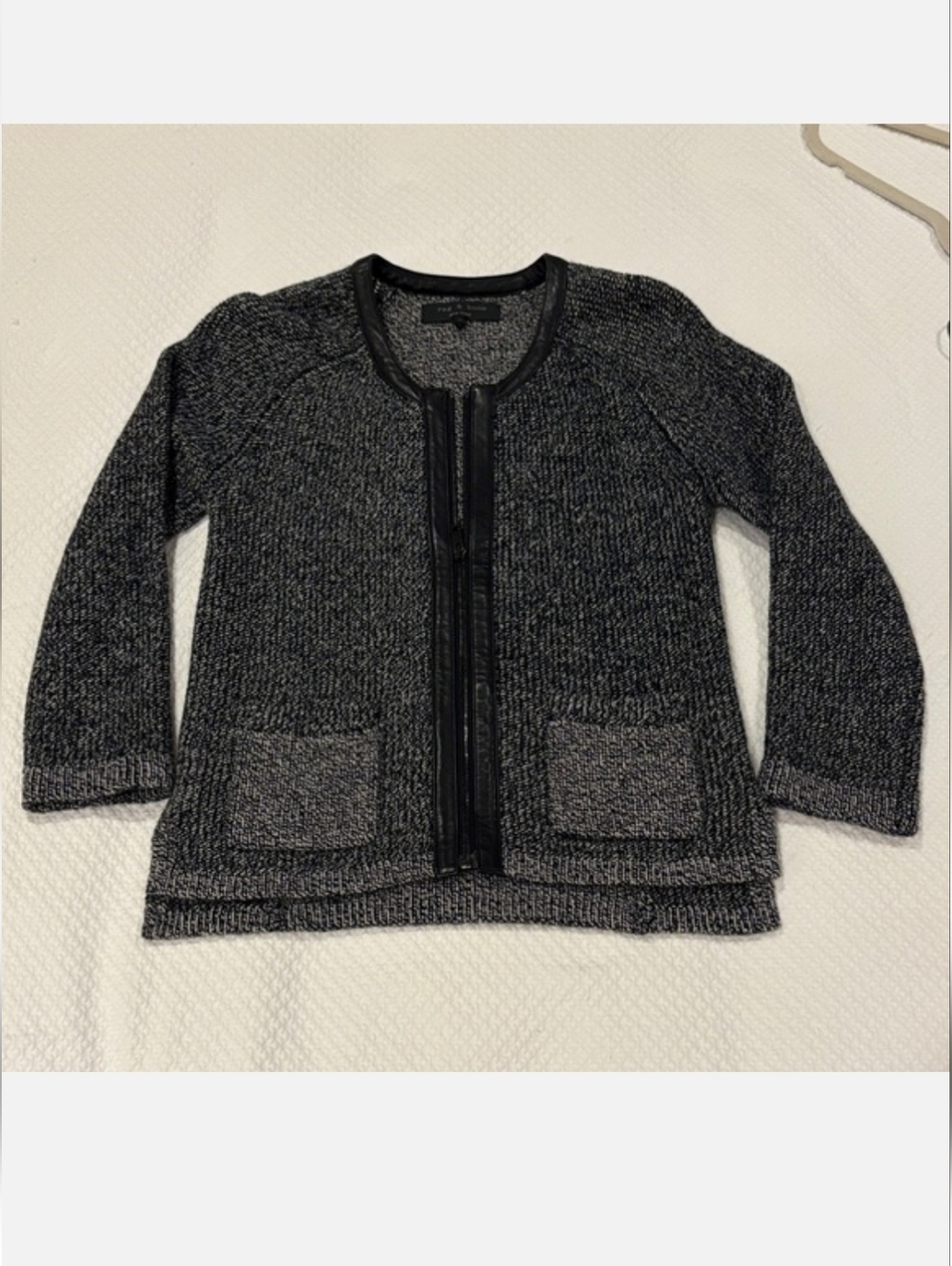 rag & bone Black & Gray Marled Zip Cardigan Leather Accents Small